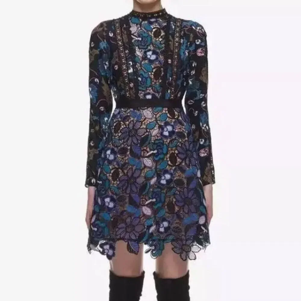 Self-Portrait Black Blue Floral Lace Long Sleeve Cocktail Mini Dress Size 6 - Picture 3 of 14
